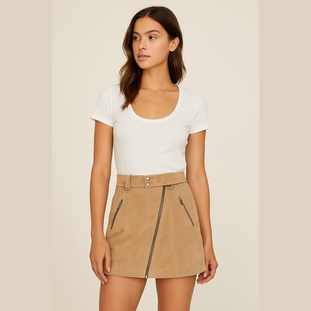 Women's Blank NYC Brown Suede Leather Motocross Mini Skirt Size 24
